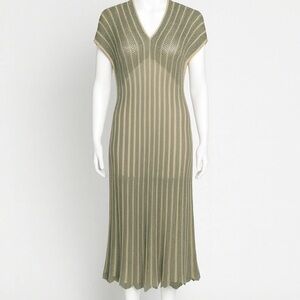 Floris Made in Italy Sage Green Gold Metallic Striped V Neck Cover Up Dress S/M